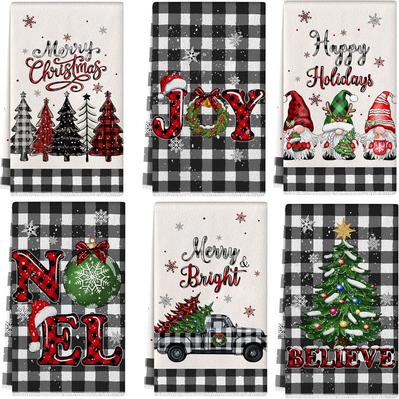 TREWAVE Christmas Kitchen Dish Towels 18 x 27 Inch Buffalo Plaid Christmas Tree Gnome Hand & Tea Towels Winter Holiday Xmas Kitchen Decor Absorbent Drying Cloth for Cooking Set of 6 - Image 1